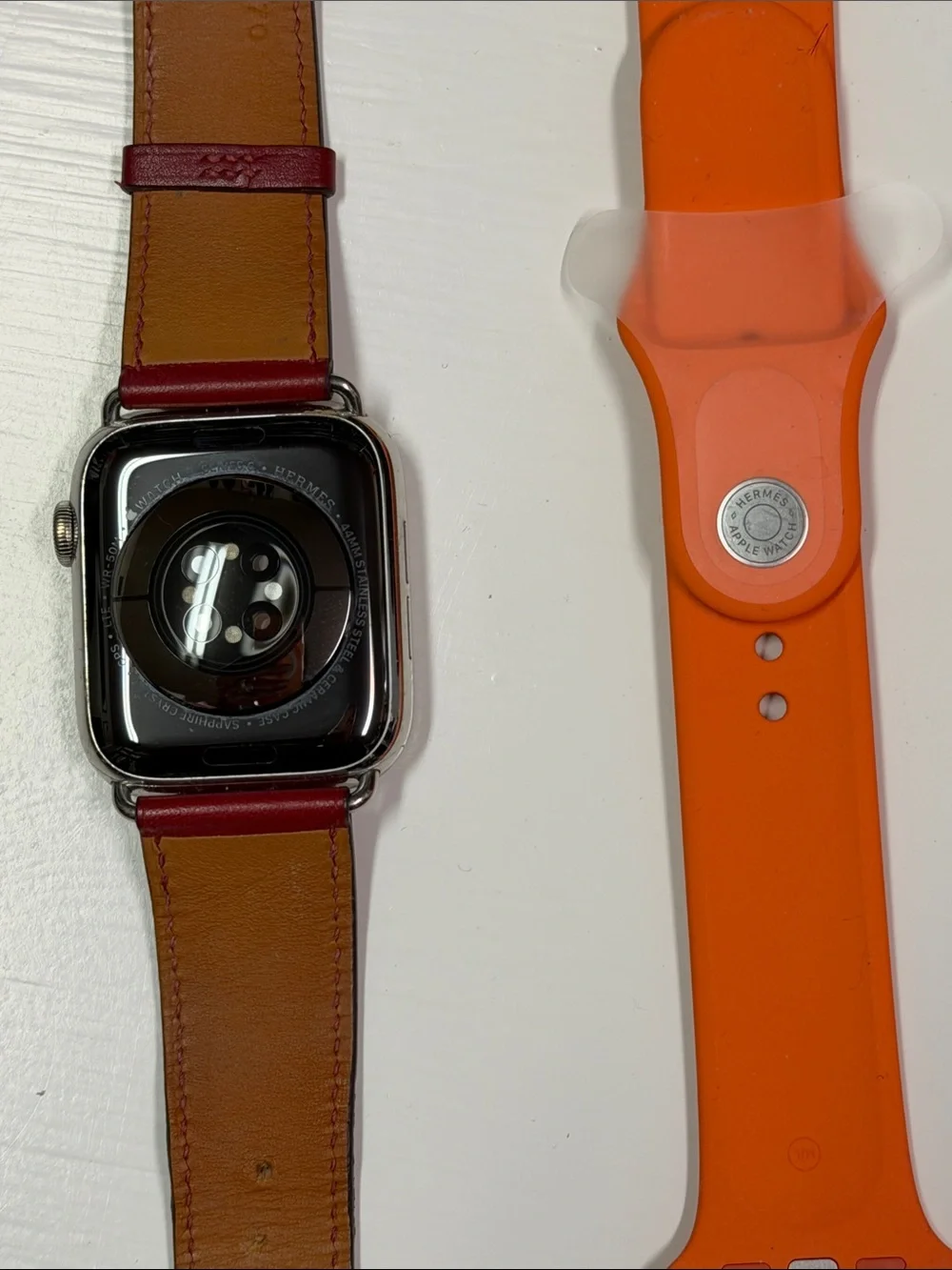 Hermes Paris Red Leather & Orange Silicone Smartwatch Band Set firm price